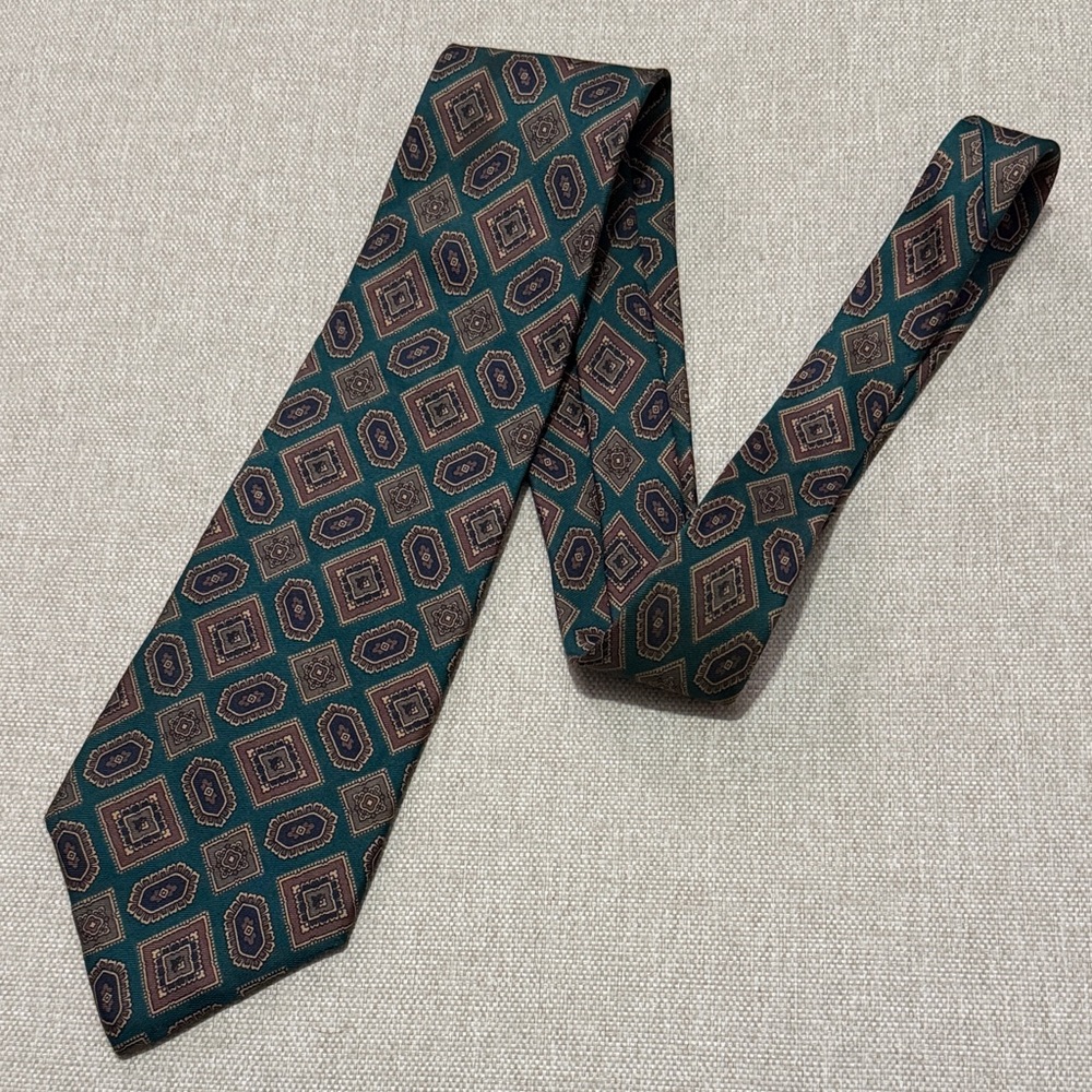 EUC Liberty of London Silk Tie-Teal/Brown Geo Print - Picture 1 of 8